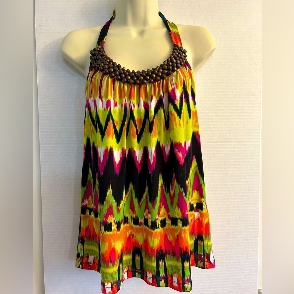 Calvin Klein summer bright color halter top‎ blouse with bead accent Sz S.  Q3